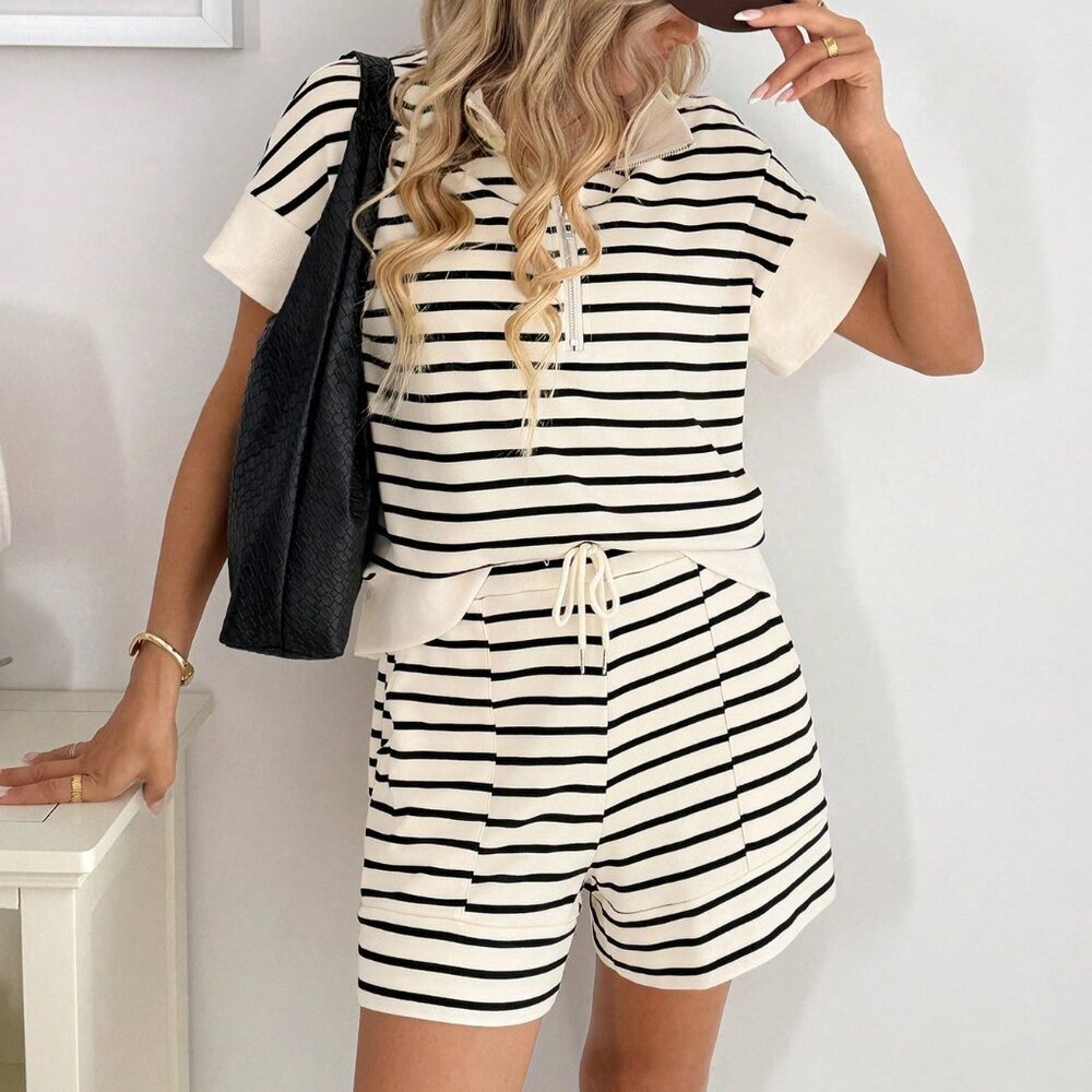 Multicolor Casual Women's Zip-Up Polo Collar Top and Shorts Outfit - Picture 7 of 8